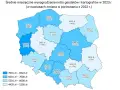 Mapa Polski z zarobkami geodetów w 2023. Najwięcej zarabia się w woj. mazowieckim (8523 zł), najmniej w woj. opolskim (4439 zł).
