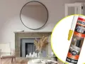 Montaż lustra cena: klej do luster i szkła Soudal 47A. Eleganckie wnętrze z okrągłym lustrem nad kominkiem.