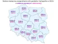 Mapa Polski z zarobkami geodetów. Średnie miesięczne wynagrodzenie netto geodety powiatowego w 2023 r. waha się od 4030 zł do 4900 zł.