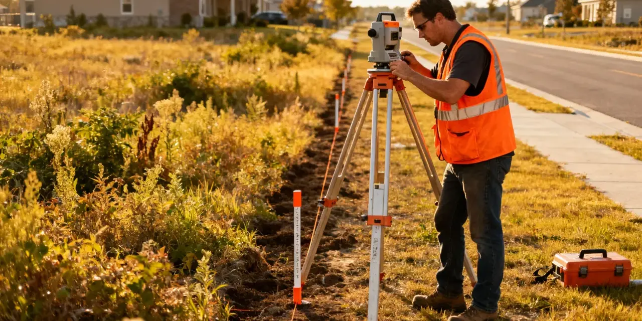 Geodeta w kamizelce odblaskowej pracuje przy tachimetrze. Określa, ile kosztuje podział działki na 4.