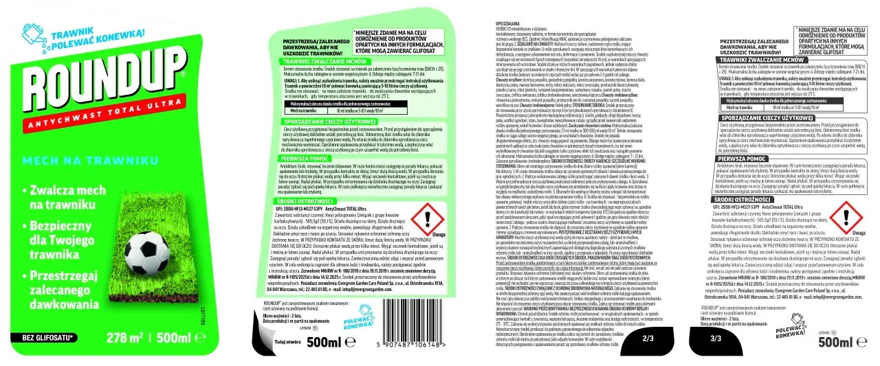 Roundup Antychwast Total Ultra: zwalcza mech na trawniku, bezpieczny dla trawnika. Stosuj zgodnie z zaleceniami, aby uzyskać najlepsze rezultaty. Roundup jakie proporcje? 18 ml środka na 5-10 l wody/10 m².