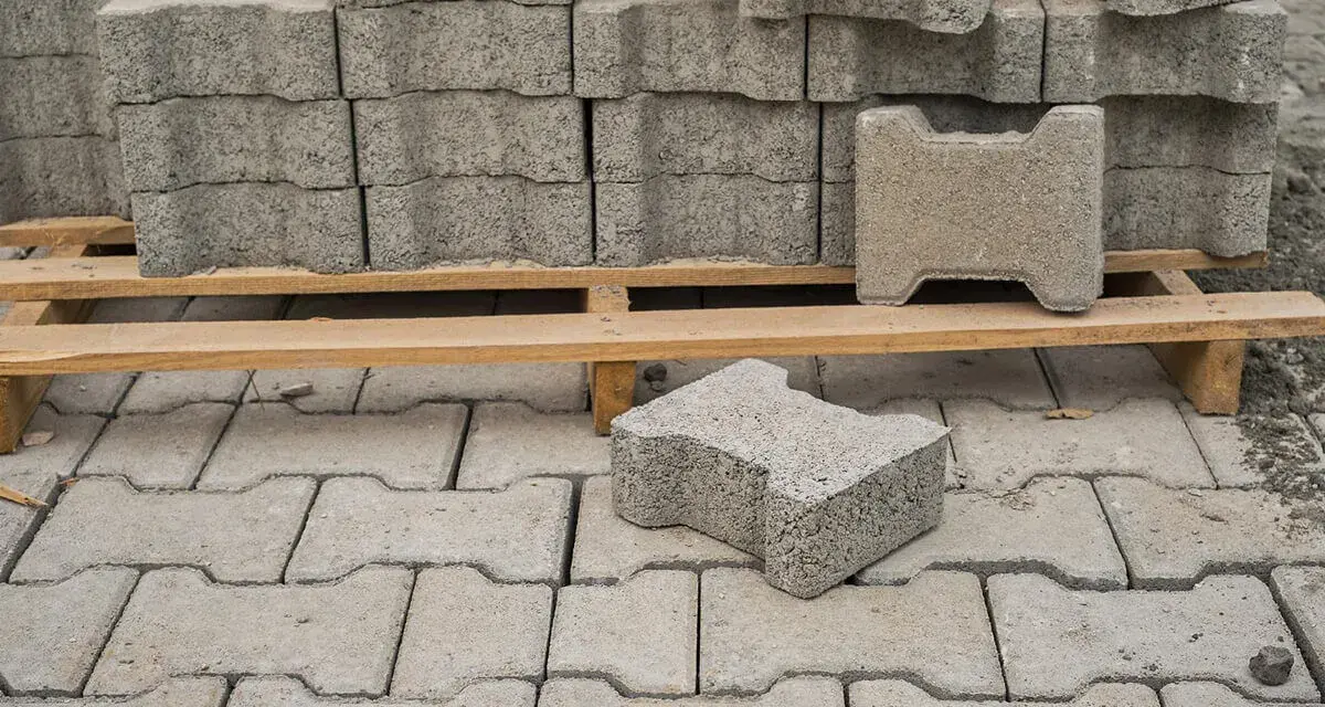 Stos kostki brukowej na palecie. Widać pojedyncze elementy, które posłużą do ułożenia nawierzchni. Zastanawiasz się, ile grysu pod kostkę potrzebujesz?