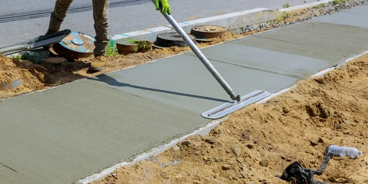 Robotnik wygładza świeży beton na chodniku. Prawdopodobnie używa mieszanki beton C20/25, której proporcje zapewniają trwałość.