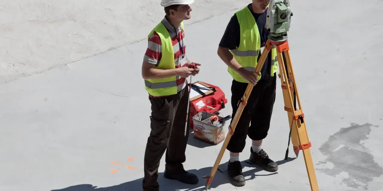 Dwóch geodetów pracuje na budowie. Zastanawiasz się, ile zarabia geodeta w Niemczech?