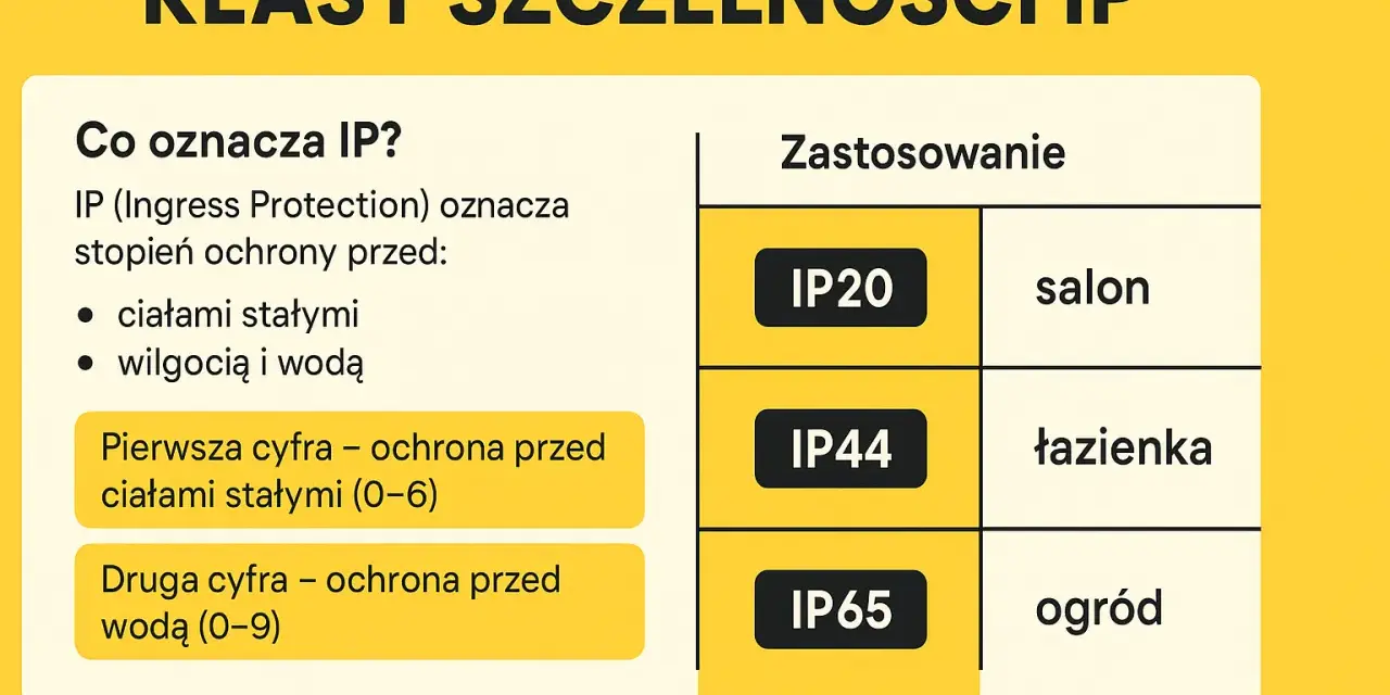Tabela wyjaśnia, co oznacza IP, np. IP65, czyli stopień ochrony przed ciałami stałymi i wodą.