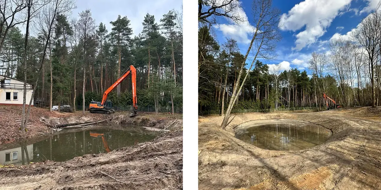 Powstaje nowy staw na zgłoszenie. Koparka pracuje przy brzegu, kształtując teren wokół wodnej przestrzeni.
