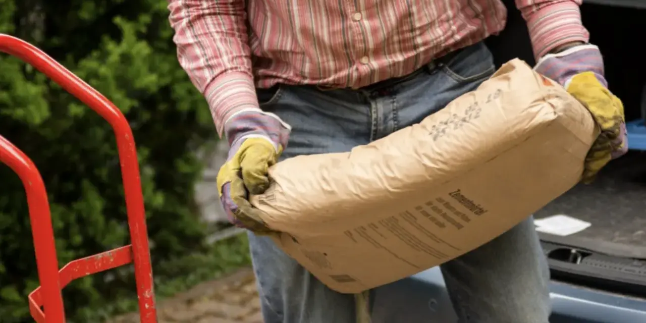 Mężczyzna w rękawicach niesie worek cementu, zastanawiając się, ile cementu do piasku potrzeba do zaprawy.
