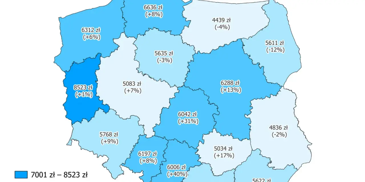 Mapa Polski z zarobkami geodetów w 2023. Najwięcej zarabia się w woj. mazowieckim (8523 zł), najmniej w woj. opolskim (4439 zł).
