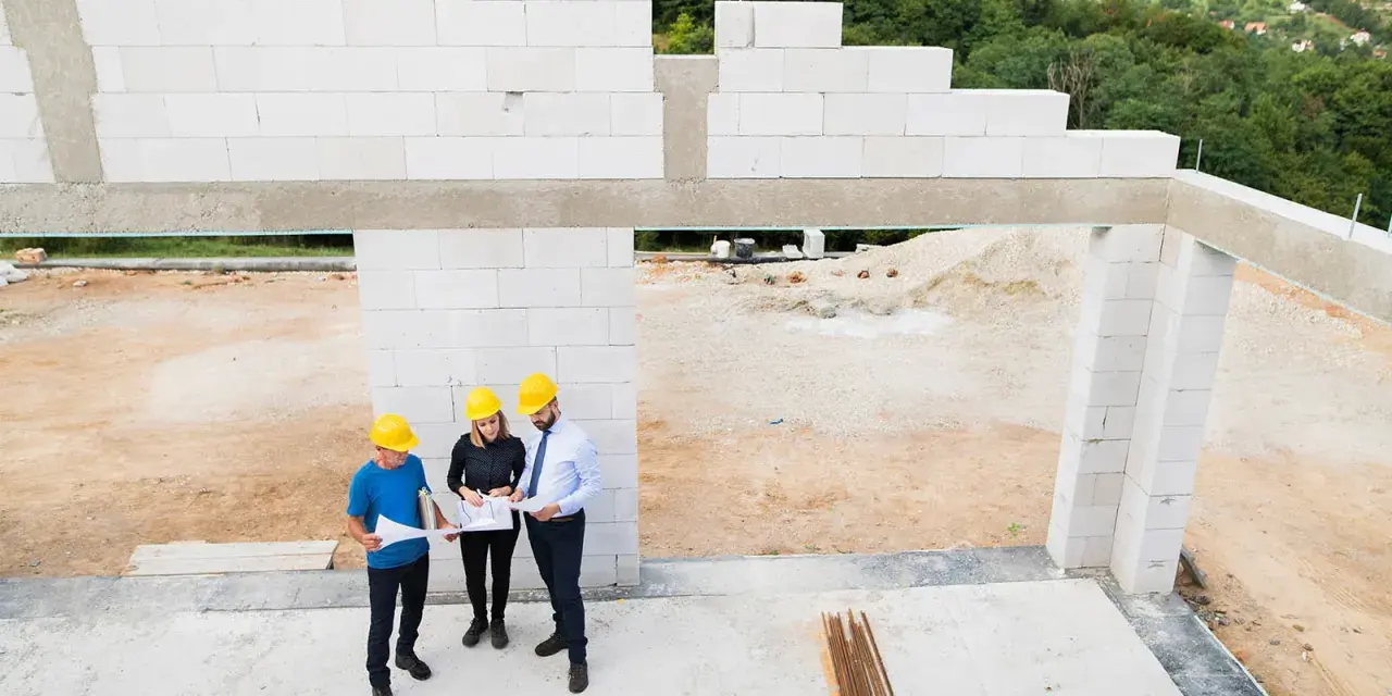 Architekci omawiają projekt domu z bloczków silikatowych. Budowa w toku, w tle zielone wzgórza.