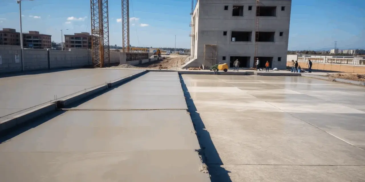 Plac budowy z nowo wylanym betonem, budynkiem w tle i dźwigami. Zastanawiasz się, ile betonu z worka cementu?