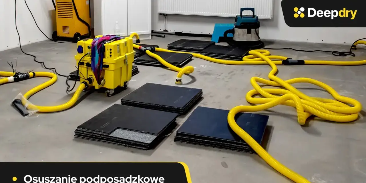 Profesjonalne osuszanie podposadzkowe z użyciem żółtych węży i żółtej maszyny. Sprawdź naszą ofertę i poznaj osuszanie podposadzkowe cena.