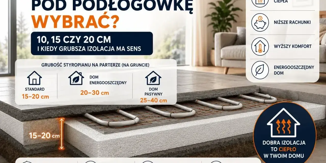 Przekrój podłogi z ogrzewaniem, pokazujący różne grubości styropianu: 15-20 cm dla standardu, 20-30 cm dla domu energooszczędnego, 25-40 cm dla domu pasywnego.