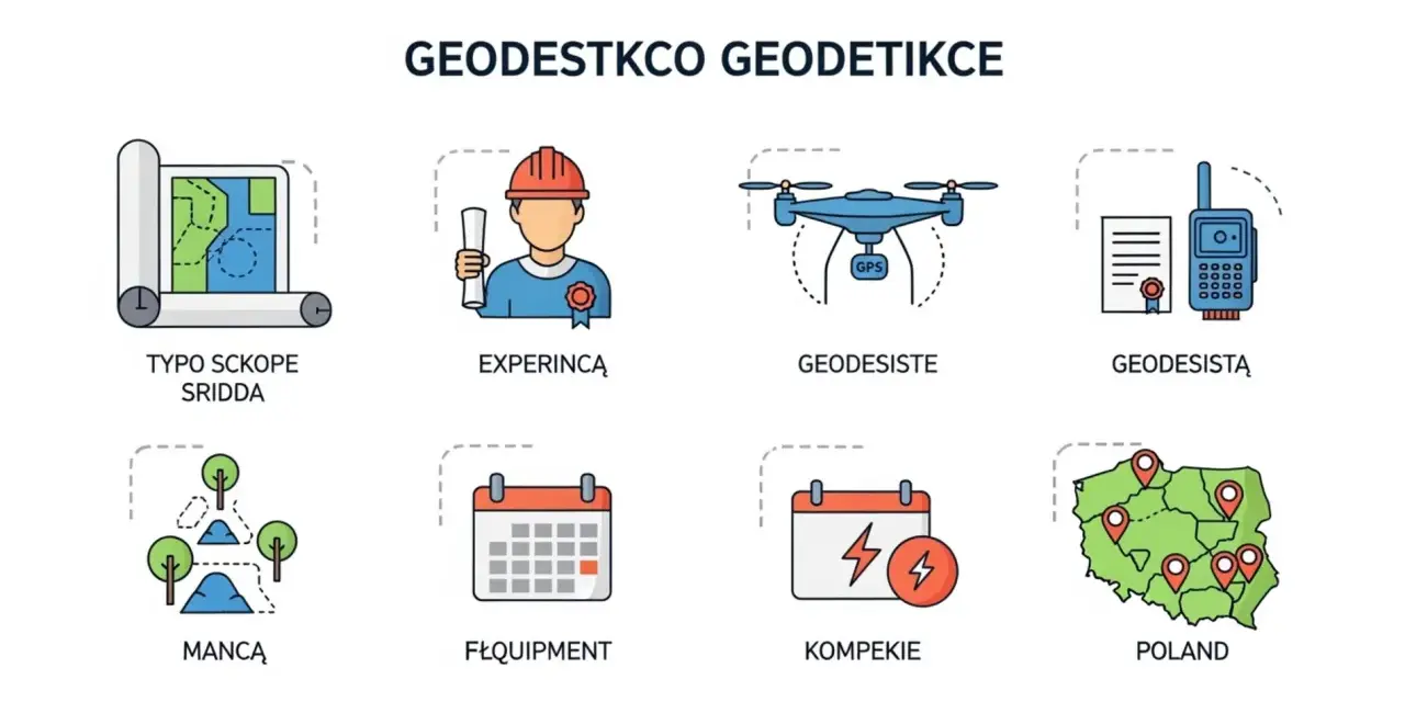 Ikony przedstawiające mapę, geodetę, drona, GPS, teren, kalendarze i mapę Polski.