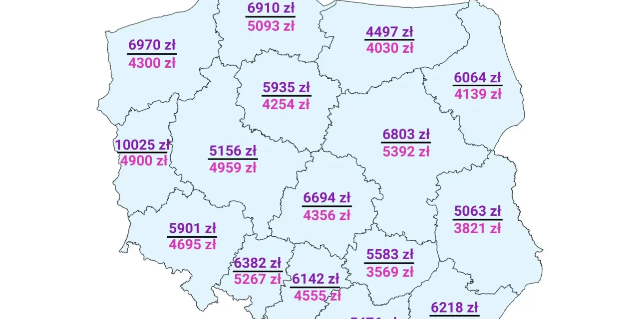 Mapa Polski z zarobkami geodetów. Średnie miesięczne wynagrodzenie netto geodety powiatowego w 2023 r. waha się od 4030 zł do 4900 zł.