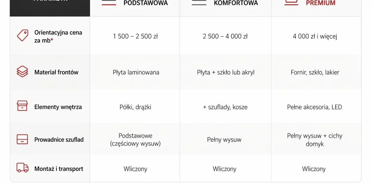 Tabela porównująca wersje szaf na wymiar: podstawową, komfortową i premium. Sprawdź cennik i materiały.