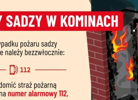 Ogień trawi komin, gdzie tli się sadza. W razie pożaru zadzwoń pod numer 112, by zawiadomić straż pożarną.