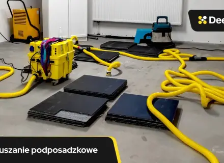 Profesjonalne osuszanie podposadzkowe z użyciem żółtych węży i żółtej maszyny. Sprawdź naszą ofertę i poznaj osuszanie podposadzkowe cena.