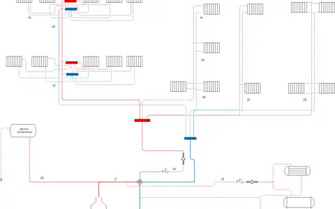 Schemat instalacji wodnej PEX z podziałem na sekcje P1-P4, zbiornikiem wyrównawczym i elementami grzewczymi.