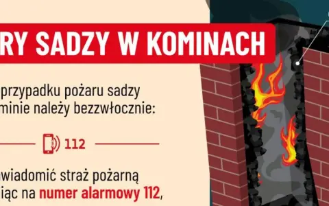 Ogień trawi komin, gdzie tli się sadza. W razie pożaru zadzwoń pod numer 112, by zawiadomić straż pożarną.