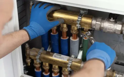 Ręce w niebieskich rękawiczkach dokręcają kluczem mosiężny element instalacji hydraulicznej w domu.