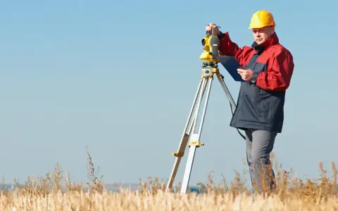 Geodeta w żółtym kasku pracuje z tachimetrem na polu. Zastanawiasz się, ile bierze geodeta za podział działki?
