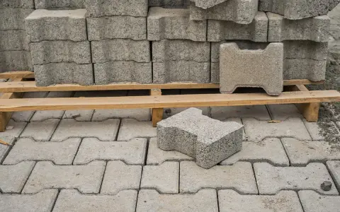Stos kostki brukowej na palecie. Widać pojedyncze elementy, które posłużą do ułożenia nawierzchni. Zastanawiasz się, ile grysu pod kostkę potrzebujesz?