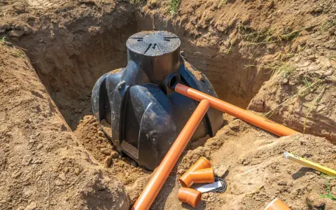 Instalacja szamba w wykopie, przygotowanie do zasypania. Widać rury drenażowe i akcesoria, kluczowe dla prawidłowego montażu i pytania jak głęboko zakopać rury drenażowe.