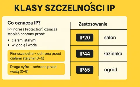Tabela wyjaśnia, co oznacza IP, np. IP65, czyli stopień ochrony przed ciałami stałymi i wodą.