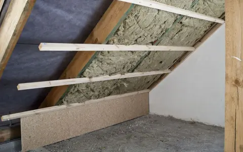 Drewniana konstrukcja i wełna mineralna na poddaszu, przygotowania do adaptacji poddasza.