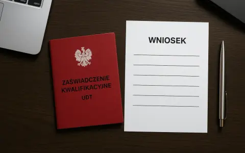 Czerwona książeczka z orłem i napisem "Zaświadczenie Kwalifikacyjne UDT" obok formularza "Wniosek" i długopisu. Przygotowanie do złożenia wniosku o przedłużenie uprawnień UDT online.