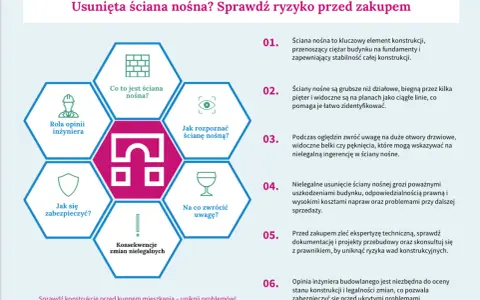 Schemat informuje, czy ścianę nośną można zburzyć, jakie są jej cechy, jak ją rozpoznać i jakie ryzyko niesie jej usunięcie.