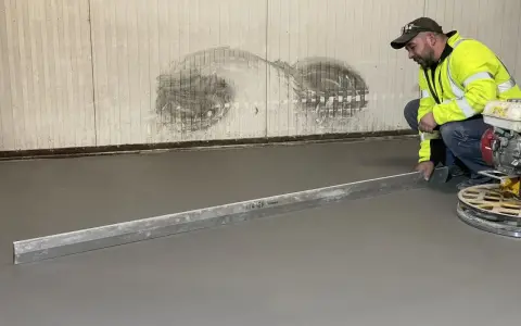 Pracownik w kamizelce odblaskowej wykonuje poziomowanie wylewki betonowej za pomocą łaty.