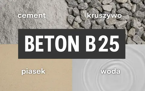 Składniki betonu B25: cement, kruszywo, piasek, woda.