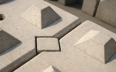 Betonowe pustaki zalewowe z wypustkami i wgłębieniami, tworzące stabilną, geometryczną powierzchnię.