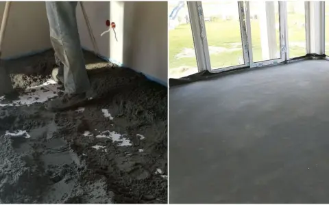 Praca nad wylewką: z jednej strony widać półsuchy beton na wylewkę, z drugiej gotową, gładką posadzkę.