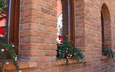 Elegancka elewacja z cegły klinkierowej, z kwitnącymi pelargoniami przy oknach. Sprawdź, jaka jest cegła klinkierowa cena!