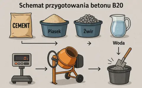 Schemat jak zrobić beton B20: cement, piasek, żwir i woda trafiają do betoniarki, a następnie do wiadra z łopatą.