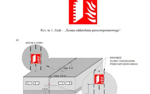 Schemat przedstawia umiejscowienie znaku "ściana oddzielenia przeciwpożarowego" na budynku. Kanał wywiewny przez ścianę na zewnątrz jest zaznaczony.