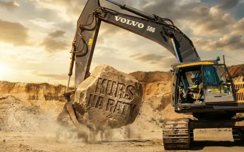 Koparka Volvo podnosi kamień z napisem "KURS NA RATY". Operator w kabinie, piasek i zachodzące słońce.