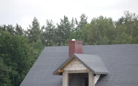 Ceglany komin systemowy na dachu pokrytym papą. W tle las.