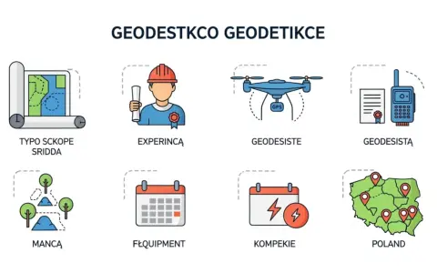 Ikony przedstawiające mapę, geodetę, drona, GPS, teren, kalendarze i mapę Polski.