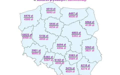 Mapa Polski z zarobkami geodetów. Średnie miesięczne wynagrodzenie netto geodety powiatowego w 2023 r. waha się od 4030 zł do 4900 zł.