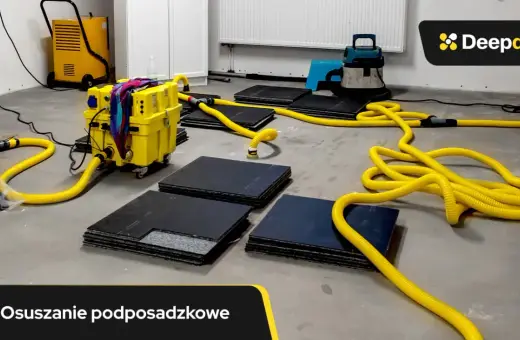 Profesjonalne osuszanie podposadzkowe z użyciem żółtych węży i żółtej maszyny. Sprawdź naszą ofertę i poznaj osuszanie podposadzkowe cena.