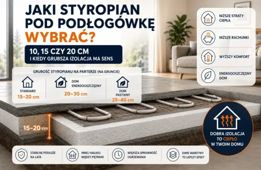 Przekrój podłogi z ogrzewaniem, pokazujący różne grubości styropianu: 15-20 cm dla standardu, 20-30 cm dla domu energooszczędnego, 25-40 cm dla domu pasywnego.