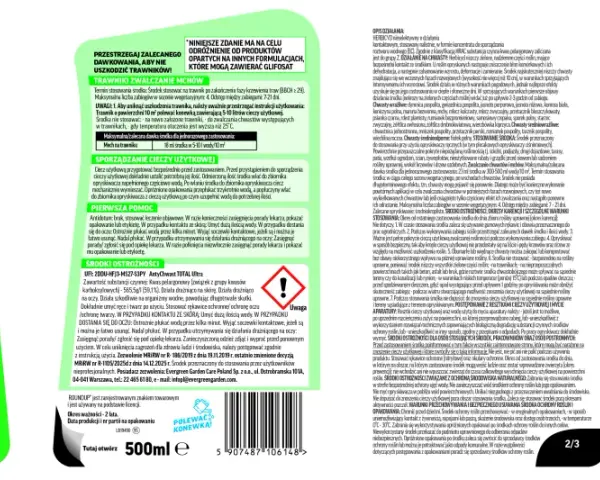 Roundup Antychwast Total Ultra: zwalcza mech na trawniku, bezpieczny dla trawnika. Stosuj zgodnie z zaleceniami, aby uzyskać najlepsze rezultaty. Roundup jakie proporcje? 18 ml środka na 5-10 l wody/10 m².