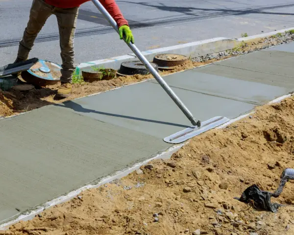 Robotnik wygładza świeży beton na chodniku. Prawdopodobnie używa mieszanki beton C20/25, której proporcje zapewniają trwałość.