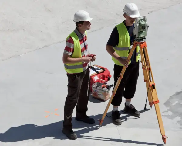 Dwóch geodetów pracuje na budowie. Zastanawiasz się, ile zarabia geodeta w Niemczech?