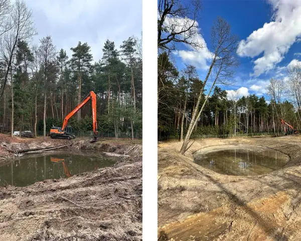 Powstaje nowy staw na zgłoszenie. Koparka pracuje przy brzegu, kształtując teren wokół wodnej przestrzeni.