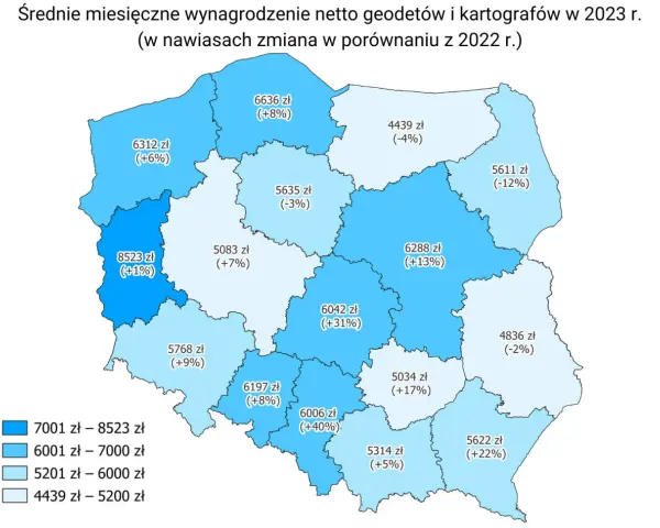 Mapa Polski z zarobkami geodetów w 2023. Najwięcej zarabia się w woj. mazowieckim (8523 zł), najmniej w woj. opolskim (4439 zł).
