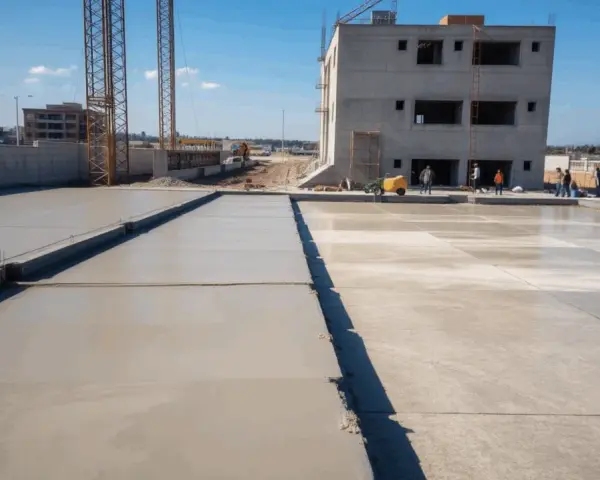 Plac budowy z nowo wylanym betonem, budynkiem w tle i dźwigami. Zastanawiasz się, ile betonu z worka cementu?